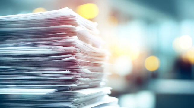 Stack of high paper documents causing workload and administrative burden in a business office setting