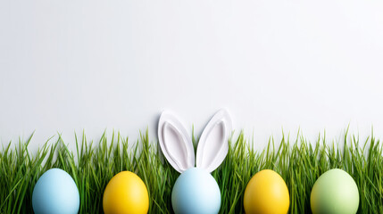 Fototapeta premium Colorful Easter eggs and playful bunny ears appearing from lush green grass on a bright background, symbolizing spring renewal