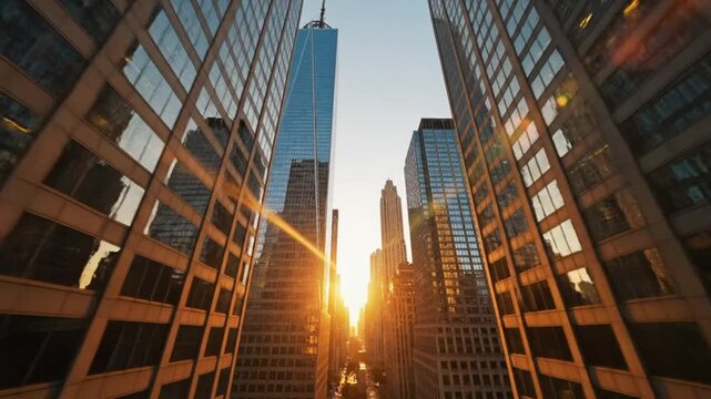 Low angle view of modern buildings with the bright sun shining down a city street in New York