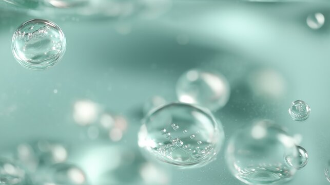 Clear microbubbles suspended in a transparent serum fluid. Clear microbubbles suspended in a light aqua-tinted transparent serum creating a hydrating texture