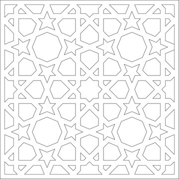 Technical architectural drawing showing a seamless Islamic geometric pattern with repeating five-pointed stars and polygonal shapes for screens or tiles.