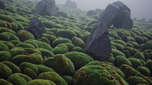 Moss covered boulder field under fog, rounded moss cushions carpet volcanic rocks, deep green hues, damp texture and low light atmosphere scattered dark outcrops pierce mist, creating moody, serene