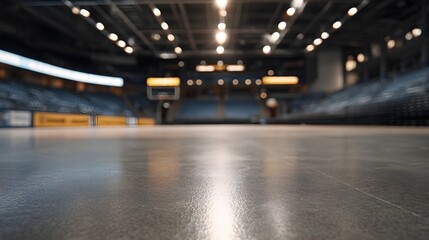 Fototapeta premium Empty indoor sports arena floor with blurred stadium seats and bright lights