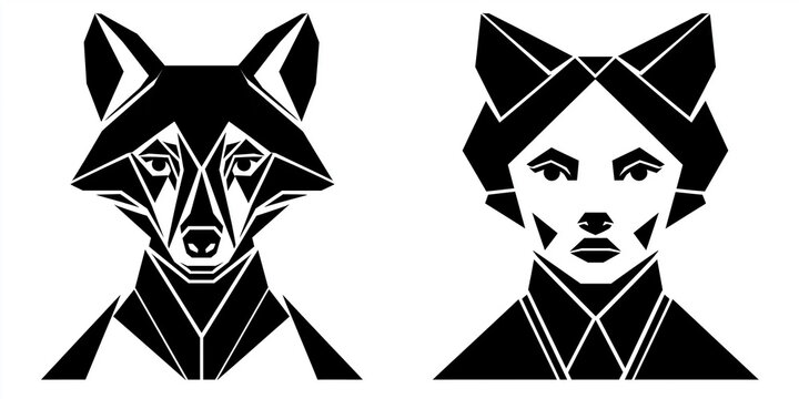 Geometric Wolf and Human Face Illustration