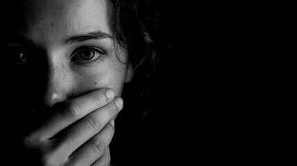 close up black and white portrait of woman covering mouth with hand looking at camera strong shadow and large copy space concept of fear anxiety silence and mental health awareness