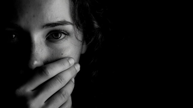 close up black and white portrait of woman covering mouth with hand looking at camera strong shadow and large copy space concept of fear anxiety silence and mental health awareness