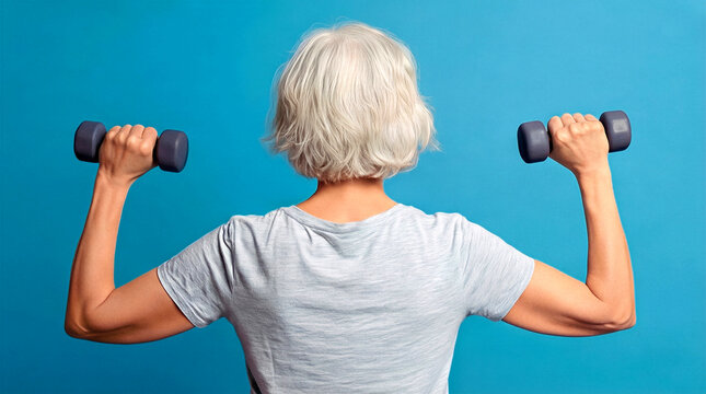 Strength training for senior woman lifting dumbbells. Rear view of grey-haired lady exercising against blue background. Healthy aging and fitness concept.