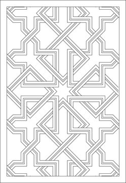 Technical architectural drawing showing a vertical panel with an intricate Islamic geometric pattern of interlacing strapwork forming star and cross motifs for screens.