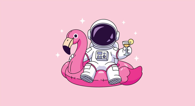 Astronaut Relaxing on Flamingo Float with Cocktail.