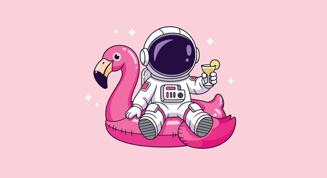 Cartoon astronaut relaxing on a pink flamingo float with a drink.