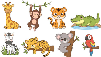 Fototapeta premium Cartoon Jungle Animal Set Featuring Giraffe, Monkey, Tiger, Crocodile, Zebra, Leopard, Koala, and Parrot for Wildlife, Nature, and Kids Designs