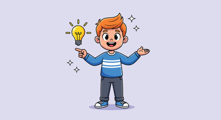Fototapeta premium Cute Cartoon Boy with Idea Light Bulb Illustration.