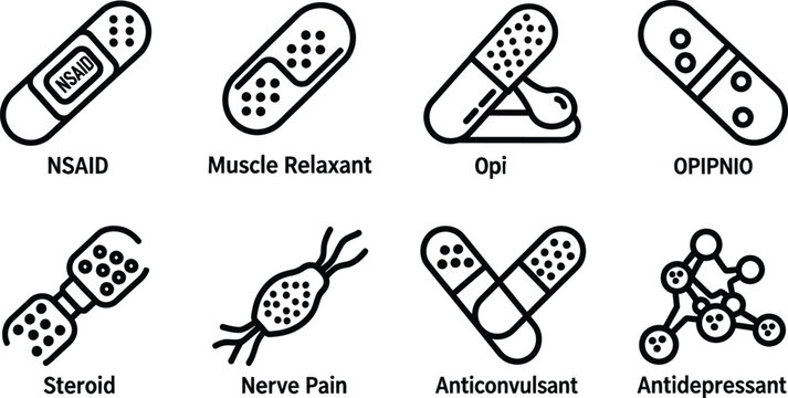 Black and white illustration of various types of pain relief medication and treatment options for pain management and medical conditions  health and wellness