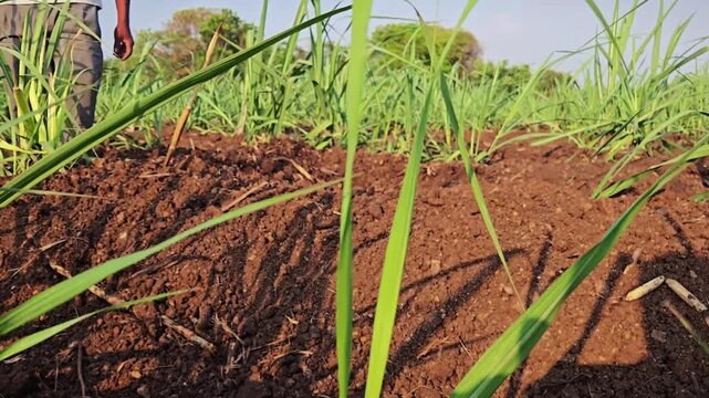A farmer is using a digging hoe to create an irrigation channel in a soil field with rows of sugarcane plants. This process is essential for efficient watering and healthy growth of the crop in the fi