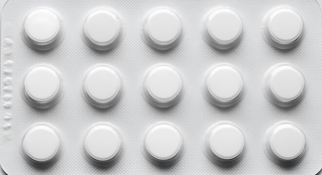 Close up view of white round pills arranged neatly in blister packaging on white background
