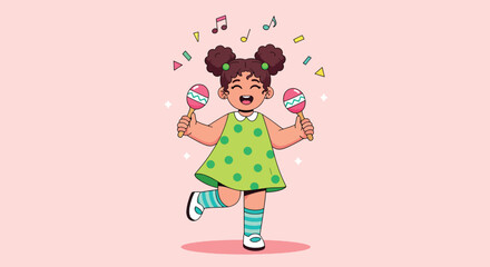 Happy little girl playing maracas and dancing with musical notes around her.