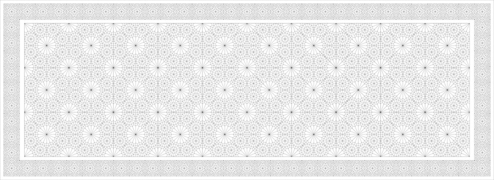 Technical architectural drawing showing a horizontal rectangular panel with a seamless Islamic geometric pattern featuring repeating eight-pointed stars and intricate tessellation.