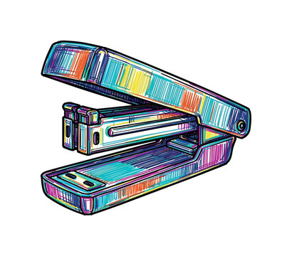 Colorful stapler with a hinged top open, rendered in a sketch art style