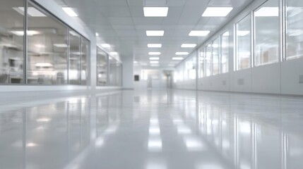 Obraz premium Long, empty corridor in a modern office or laboratory. the floor is made of white tiles and the walls are made of glass panels.