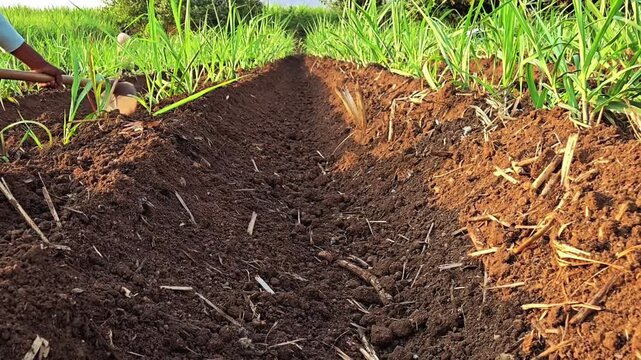 Ground-level view of a digging hoe making an irrigation trench for sugarcane. The rhythmic labor shows the dedicated effort required to manage water resources in a large-scale plantation.