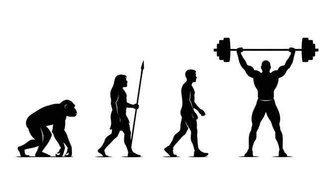 Evolution of man to bodybuilder lifting weights, black silhouettes on white background.