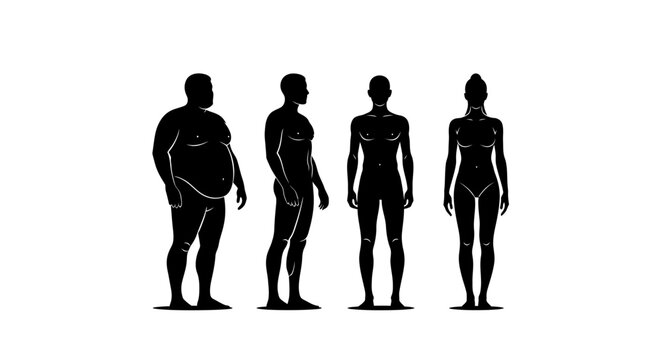 Human body types comparison showing different male and female silhouettes.