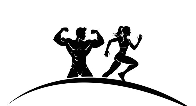 Silhouette of a muscular man and a running woman on a curved line.