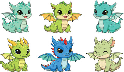 Obraz premium Cute Baby Dragon Character Set with Colorful Wings and Playful Expressions for Fantasy, Kids, and Animation Illustrations