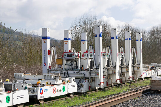Onville, France - March 15th 2026 : View on white track and turnout solutions PEM 807 and LEM 460 on a railway construction site for the replacement of switches in a station.