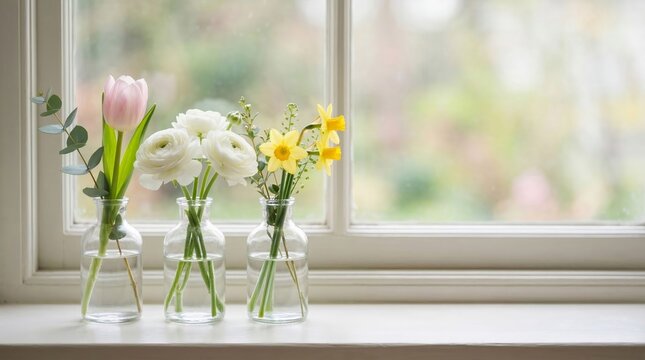 Spring flower bouquet in glass bottle on window sill. Fresh tulip, ranunculus and daffodil for interior decoration. Home floral arrangement concept for Easter holiday celebration.