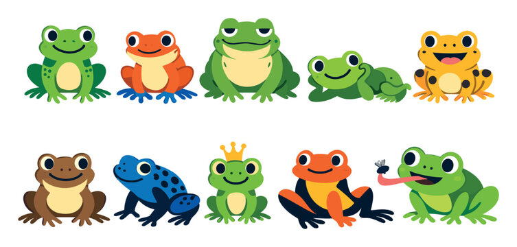 Cartoon frogs showing different species and activities, including a royal prince frog wearing a crown and one catching an insect