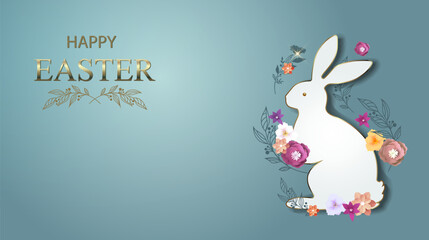 Fototapeta premium White silhouette of an Easter bunny surrounded by bright flowers and leaves. 