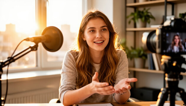A young woman sits at a desk, speaking into a microphone while being recorded by a camera. The woman appears engaged, with natural light illuminating the room.