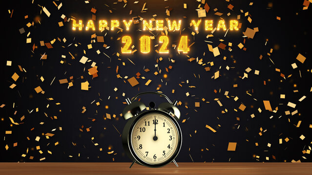 Happy New Year 2024 with clock and confetti blast