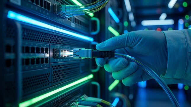 gloved hand plugging fiber optic cable into server rack. high-tech data center with glowing blue and green lights. cloud computing, it infrastructure maintenance. banner, website header.