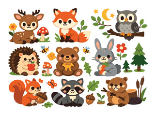 Fototapeta premium Cute woodland animals set featuring deer, fox, owl, rabbit, hedgehog, squirrel, raccoon, bear, and beaver in sweet cartoon style