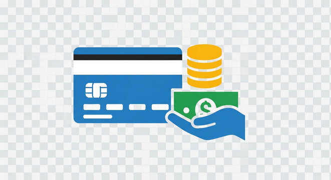 A vector graphic illustration of a hand holding cash and a credit card with coins