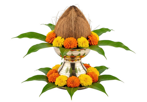 Traditional indian kalash with coconut mango leaves and marigold flowers for religious rituals
