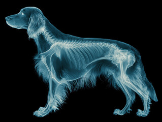 Fototapeta premium Detailed X-ray of an English Springer Spaniel skeleton, rendered in a realistic, stylized manner, showcasing the intricate structure from snout to hind legs Bones are colored blue and - AI-Generated