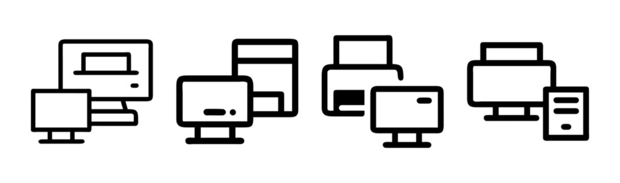 Computer and printer icons for business and technology concepts, simple outline.