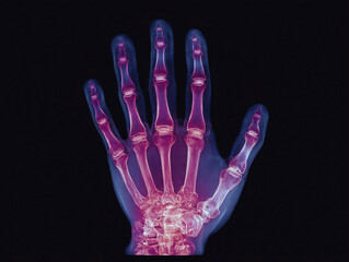 Naklejka premium Close-up X-ray of an adult human hand skeleton, with distinct colored bones against a dark backdrop - AI-Generated