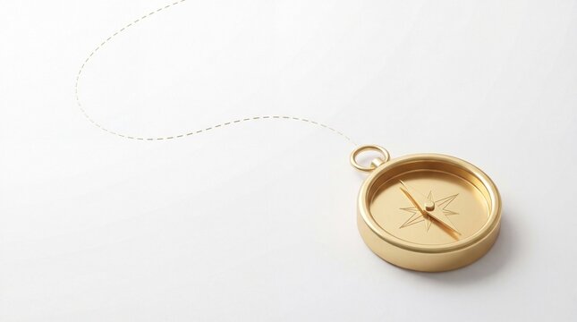 golden compass with dotted path line on white background with copyspace. concept of navigation, business strategy, journey and guidance. minimalist design element, banner, website header.