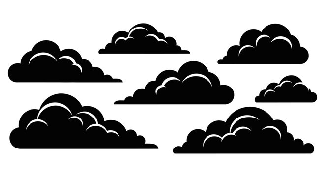 Set of black cloud silhouettes isolated on a white background, representing various weather conditions and atmospheric elements.