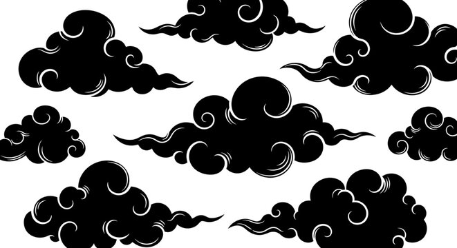 Set of black stylized clouds in a traditional Asian art style on a white background.