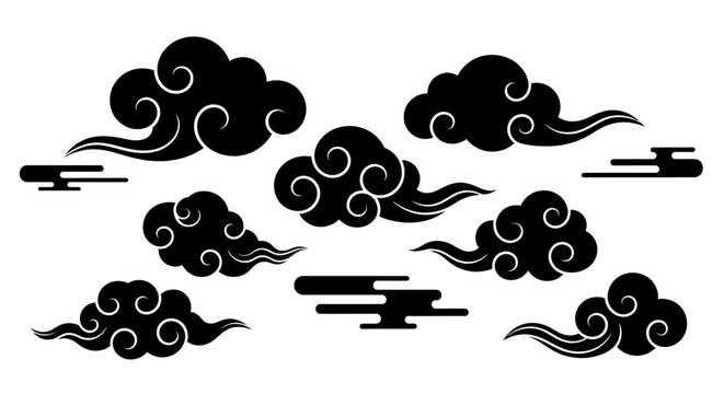 Traditional Asian Clouds Vector Set Black and White.