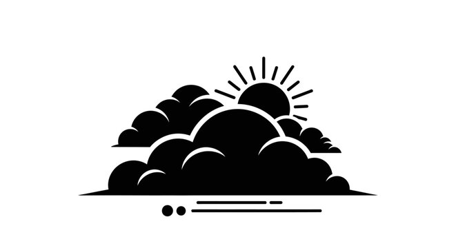 Sun rising behind clouds black silhouette icon.