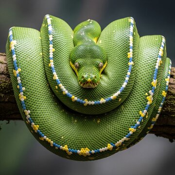A Green Tree Python coiled in a perfect symmetrical position on a branch, featuring bright green scales with yellow and white spots