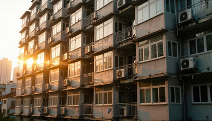The sunset casts a warm glow on the apartment building. Each apartment in the building features numerous windows and air conditioning units.