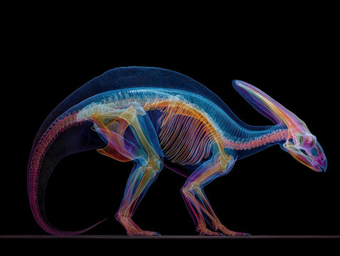 X-ray rendering of dynamic Ichthyosaurus, blue-toned body with white skeletal structure, dramatic lighting from below, minimalistic dark grey background - AI-Generated