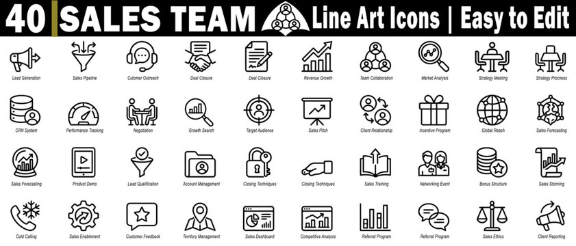 Sales team line art icons. Easy to edit for lead generation, sales pipeline, customer outreach, deal closure, and revenue growth vector illustration.